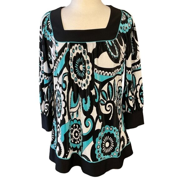 Covington 3/4 Sleeve Square Neck Accordion Pleat Retro Floral Blk Wh Teal Top LG - Picture 1 of 10